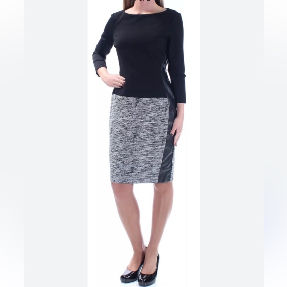 Lauren Ralph Laure Black And Gray Sheath Dress 3/4 Sleeve Crew Neck Size 14p